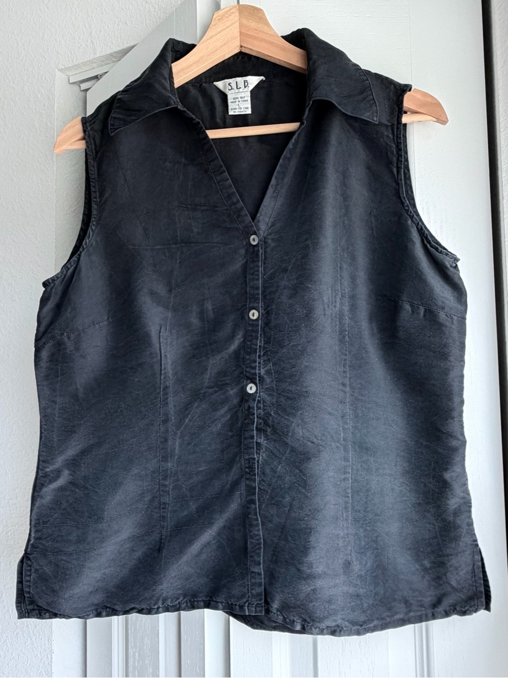 S.L.B. Silk Sleeveless Button-Front Black Top